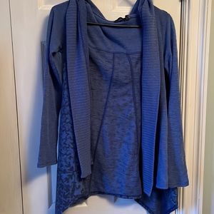 PrAna hooded waterfall style cardigan blue with black print design size XS
